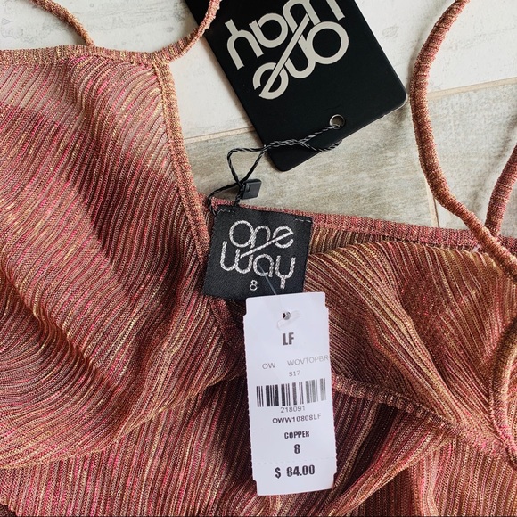 LF OneWay Lurex Rose Gold Yellow Gold Glow Ruffle Peplum Sheer Cami Top - Picture 5 of 12